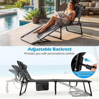 GYMAX Tanning Chair with Face Hole, Sun Bathing Lounge Chairs for Outside with Side Pocket, Folding Portable Face Down Layout Tanning Chair Beach, Backyard, Poolside, Lawn (Grey,1)
