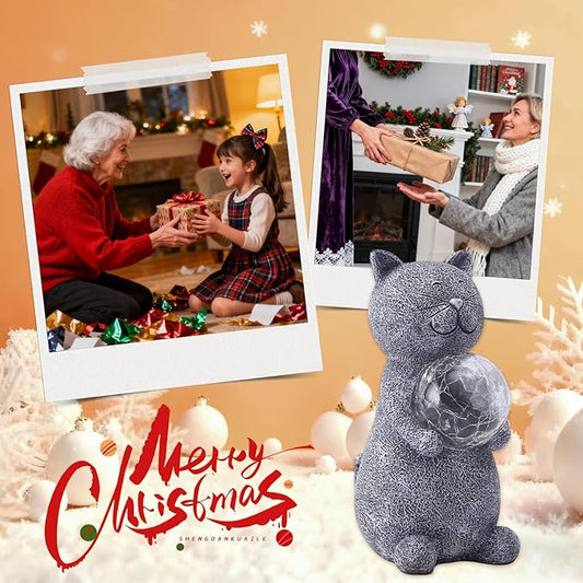 Solar Cat Statue Garden Decor - Cat Lover Gifts, with Gazing Solar LED Lights Ball Cats Decoration for Garden Yard Patio Lawn Balcony - Gifts for Mom Grandma (Gray)