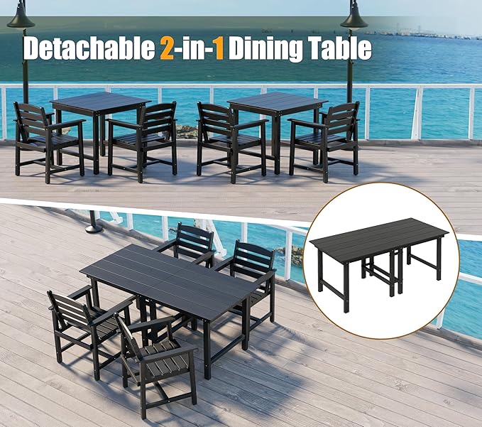 Anbuy Patio HDPE Dining Table Set, 7-Piece Outdoor Dining Table Sets, 2 in 1 Convertible Table and 6 Outdoor Chairs Outdoor All-Weather Furniture Set Black