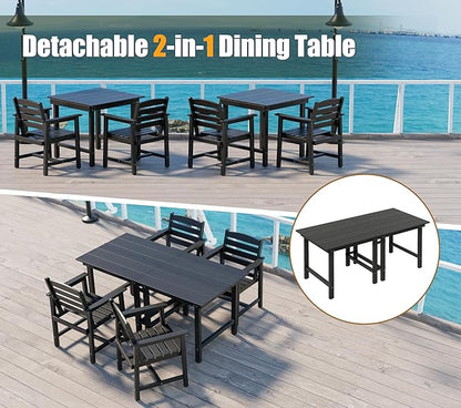 Anbuy Patio HDPE Dining Table Set, 7-Piece Outdoor Dining Table Sets, 2 in 1 Convertible Table and 6 Outdoor Chairs Outdoor All-Weather Furniture Set Black