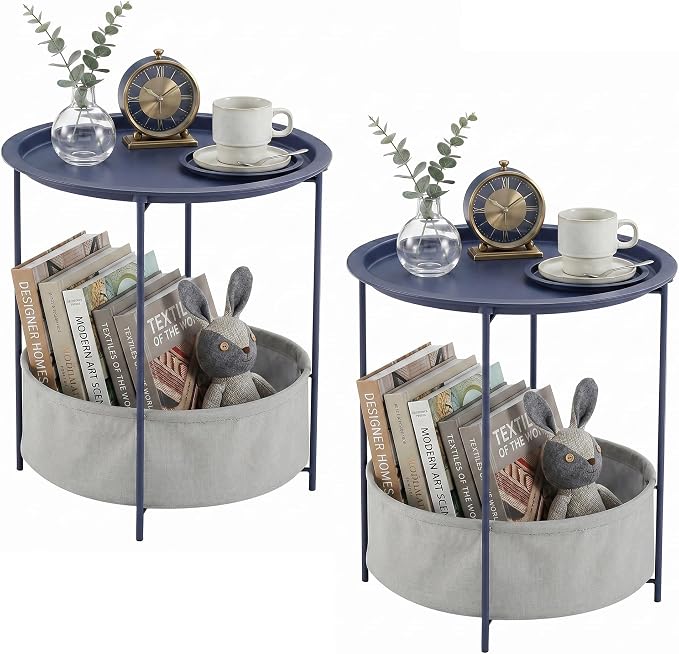 VECELO Round Side/End Table with Fabric Storage Basket，Metal Anti-Rust and Waterproof Small Bedside Nightstand with Removable Tray Top for Living Room，Balcony & Laundry，Blue /2pcs with Basket