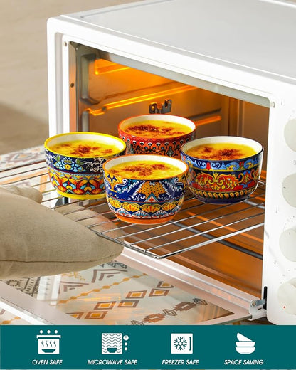vancasso Ramekins 8 oz Oven Safe, Bohemian Style Creme Brulee Ramekin Set of 6, Porcelain Souffle Dishes Pudding Custard Cups for Baking Ramiken Bowls for Ice Cream