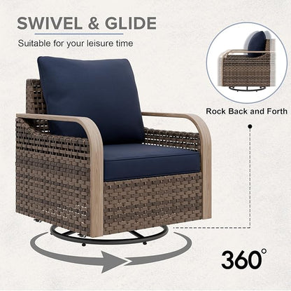COOS BAY Modern Wicker Outdoor Furniture Set, Patio Conversation Set with Swivel Rockers, 2 Seat Loveseat, and Ottomans, 5 Piece, Brown/Blue