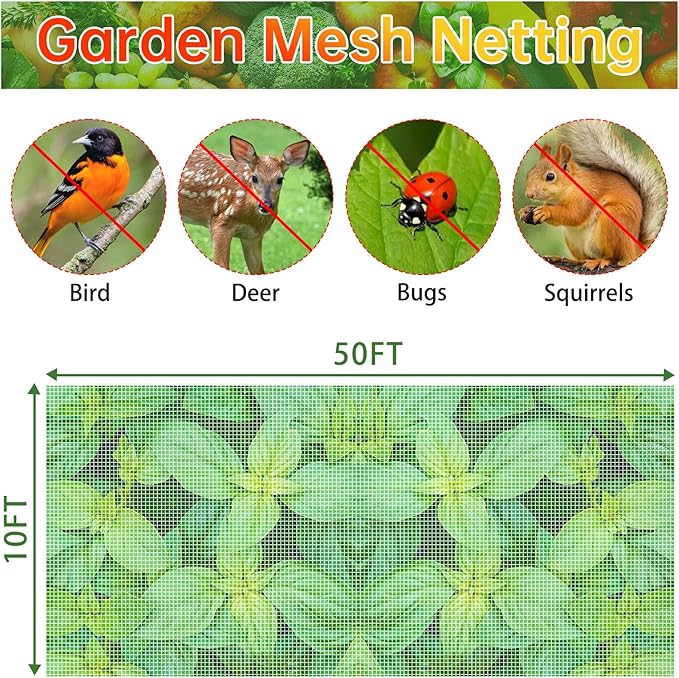 Garden Netting 10x50FT 2 Pack Ultra Fine Mesh, Insect Barrier Bird Netting for Garden Protection, Insect Bug Netting Garden Net for Protecting Plants Vegetables Flowers Fruits