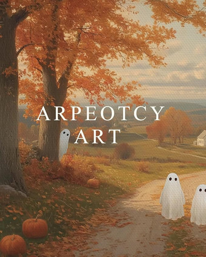 ARPEOTCY Extra Large Vintage Framed Wall Art, 36x54 Inch Halloween Wall Art Canvas, Vintage Autumn Landscape with Cute Ghosts and Pumpkins, Large Farmhouse Fall Wall Decor for Living Room Fireplace Entryway