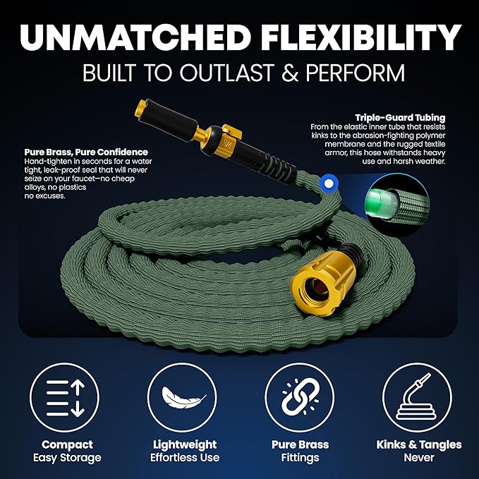 TITAN Flexible Garden Hose 50FT – Ultra Lightweight, Heavy Duty Water Hose with Brass Fittings & Jet Nozzle – Kink-Free, Non-Expanding, Durable Fabric Hose for Yard, Lawn, Car Wash, Outdoor Use