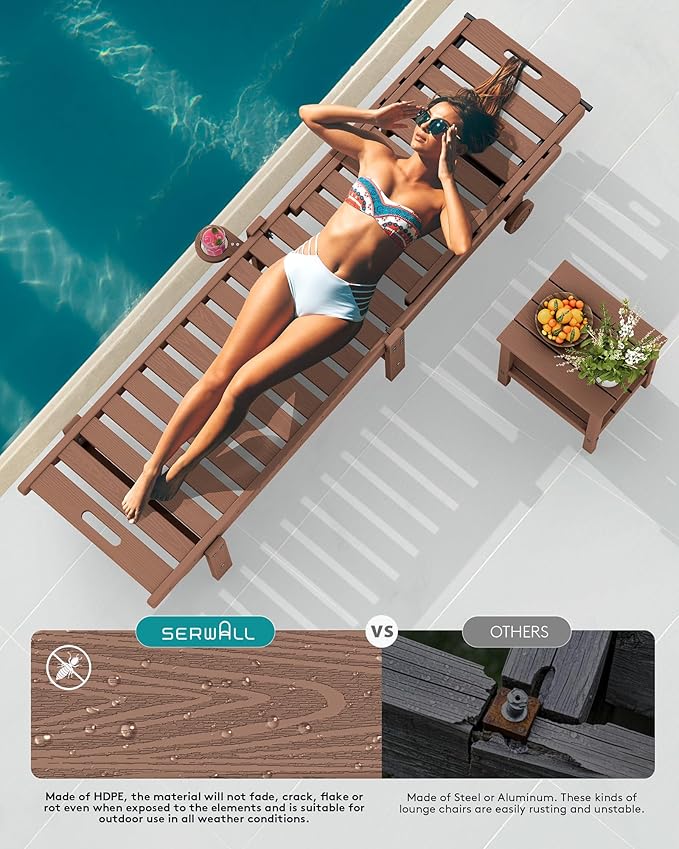 SERWALL Patio Chaise Lounge Set of 2, Outdoor Lounge Chair with 5 Positions Adjustable Backrest, HDPE Lounger with Rolling Wheels & Cup Holder for Poolside, Beach, Garden, Brown