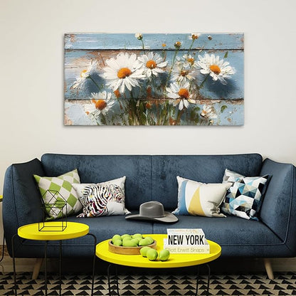 JLXART Watercolor Flowers 24x48inch Wall Art Canvas Decor White Daisy Floral Wood Background Prints Pictures for Kitchen Bedroom Home