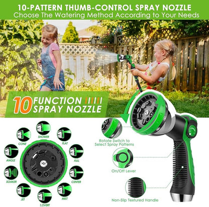 Garden Hose 150 ft, Non-Expandable Ultra-Lightweight Flexible Hose with 360° Dual-End Anti-Kink Design, 10-Pattern Spray Nozzle, 500 PSI Leak-Proof, 96-Strand Braided Fabric, Storage Strap
