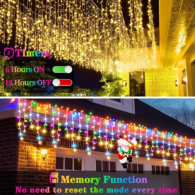 XZAI 800LED 50FT, Icicle String Lights, Plug-in, Multi-Color & Warm White, Christmas Party Decors, Connectable, Memory, Remote, 8 Modes, Timer, Dimmable, IP65 Waterproof, Hanging for Outdoor & Indoor