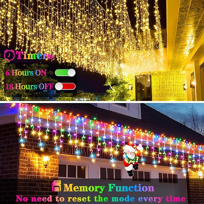 XZAI 800LED 50FT, Icicle String Lights, Plug-in, Multi-Color & Warm White, Christmas Party Decors, Connectable, Memory, Remote, 8 Modes, Timer, Dimmable, IP65 Waterproof, Hanging for Outdoor & Indoor
