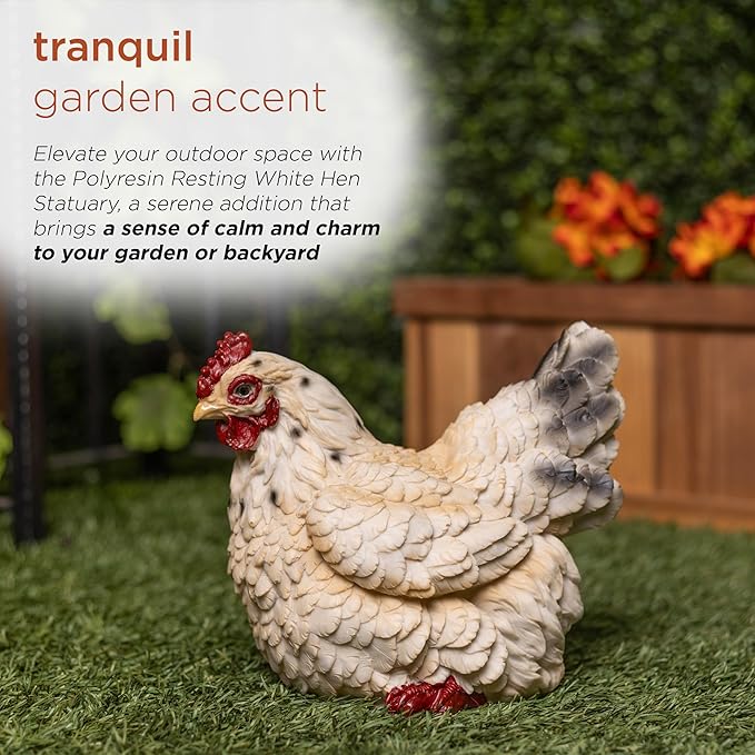 Alpine Corporation WFM100HH-WT 8" Life-Like Resting Hen Garden Statue – Indoor Outdoor Rustic White Hen Sculpture, Durable Weather-Resistant Polyresin for Yard, Patio, Porch, Pathway, or Home Décor