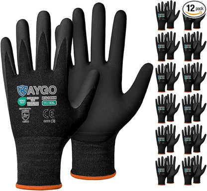 KAYGO Safety Work Gloves MicroFoam Nitrile Coated, 12 Pairs KG18NB,Seamless Knit Nylon Glove with full fingers Touchscreen, Ideal for Automotive,Warehouse,Construction (2XL, Black)