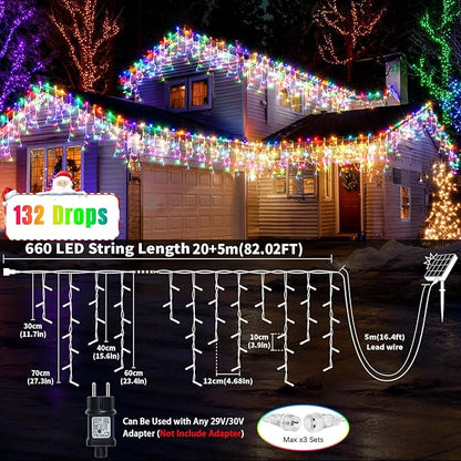 Solar Icicle Lights for Outside 66+16Ft 660LED Christmas Lights Outdoor Decorations Dual Color Changing Connectable Rechargeable Dimmable Remote Twinkle Fairy String Lights for Xmas Eaves House Roof