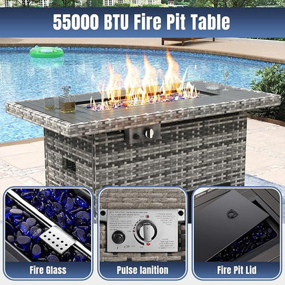 Aoxun 7 Pieces Patio Furniture Set with 40” Fire Pit Table Wicker Rattan Outdoor Sectional Conversation Set with Coffee Table and 4” Thickened Cushions, Blue(Waterproof Cover Included)