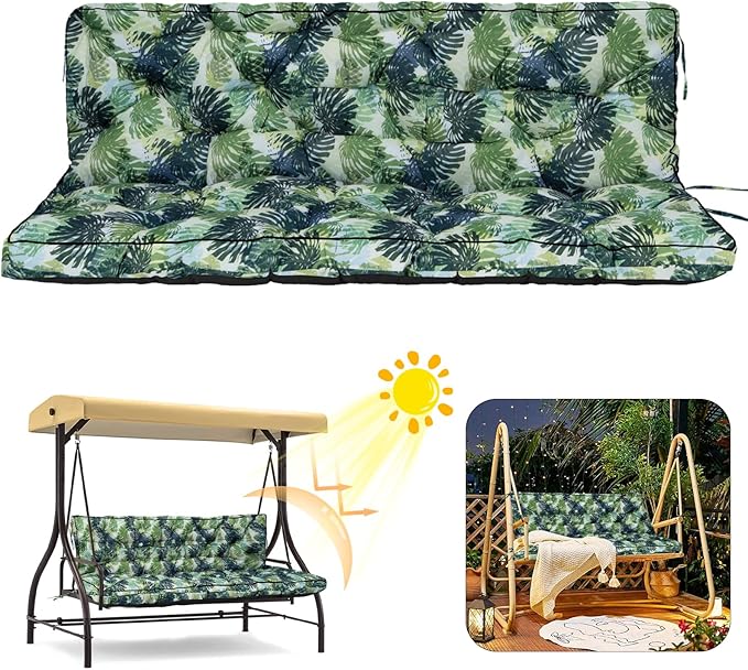2/3 Seater Swing Replacement Cushion, Waterproof Porch Swing Cushions with Backrest, Thickened Bench Cushions for Outdoor Furniture, for Outdoor Patio Swing (Palm Leaves, 63 * 40in)