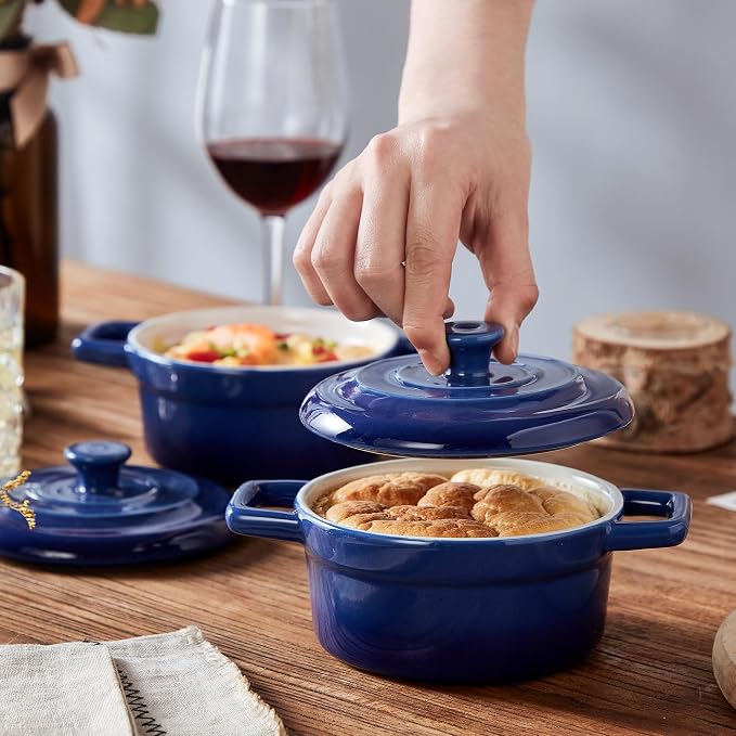 Lareina Mini Cocotte - 12oz Ceramic Casserole Dishes - Kitchen Casserole Sets With Handles And Lid - Small Baking Ramekins - Oven, Microwave & Dishwasher Safe - Set of 4 - Blue | Small casserole ramekins with handles, oven, microwave & dishwasher safe....