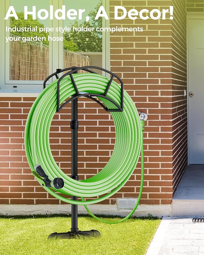 Freestanding Garden Water Hose Storage Holder Stand for Outside, 160-Ft Hose Heavy Duty Metal Hanger Reel Organizer Outdoor Yard Lawn, Standing Keeper Rack with Ground Stake, Black GHH01BK01