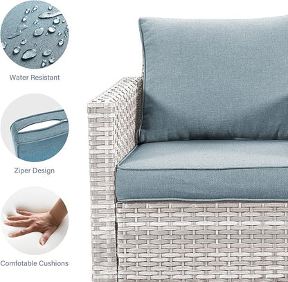 Rilyson Wicker Outdoor Patio Chairs Set of 2-2 Piece Rattan Chairs with Waterproof Wicker,Comfortable Cushions and Sturdy Metal Frame for Outside Porch Deck Backyard(Light Grey/Sky Blue)