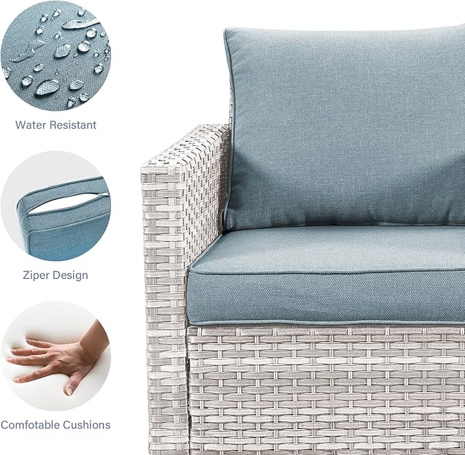 Wicker Outdoor Patio Chairs Set - 3 Piece Rattan Patio Furniture Bistro Chairs Set with Waterproof Wicker,Comfortable Cushions and Sturdy Metal Frame for Porch Deck Backyard(Light Grey/Sky Blue)