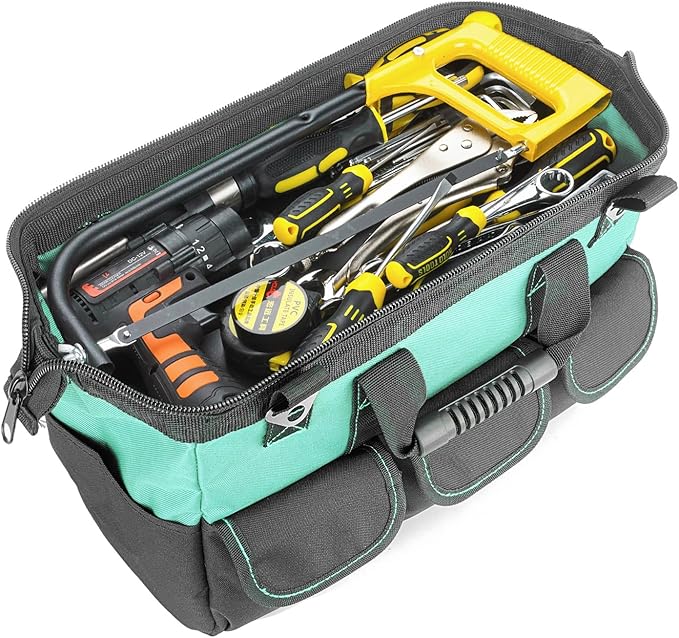 Women Heavy Duty Tool Bag with Molded base,Garden Storage Organizer for Tools,16 x 7.5 x 10.5 inches,600D Polyester Fabric(Teal)
