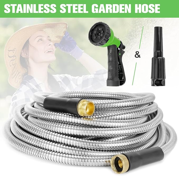 TVKB Metal Garden Hose Stainless Steel Metal water Hose Super Tough & Flexible Water pipe Lightweight, Crush Resistant Aluminum Fittings, Kink & Tangle Free, Rust Proof (50FT)