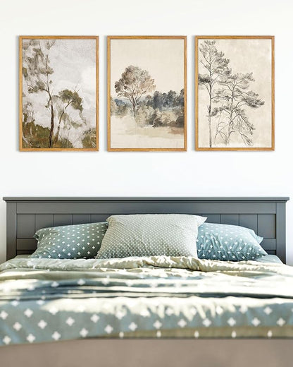 UPWOIGH Large Framed Wall Art, Set of 3 Vintage Muted Landscape Prints, 16x24 in Natural Cotton Posters with Trees, North Botanical Decor, Farmhouse Aesthetic for Living Room, Bedroom