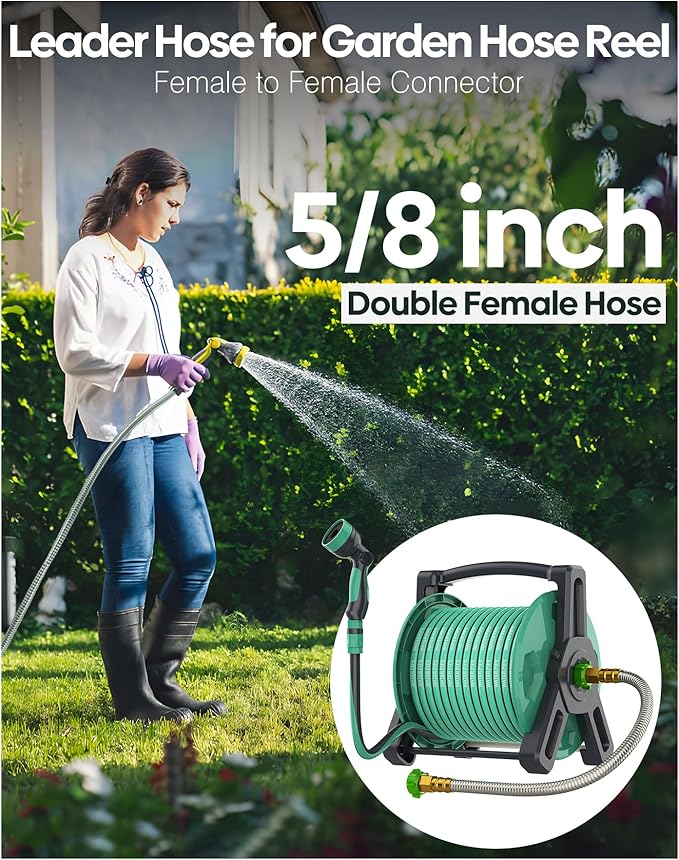 Short Metal Garden Hose 15ft with Female to Female Connector, Stainless Steel Small Leader Hose for Hose Reel, Long, Flexible, Lightweight & Heavy Duty Water Pipe, Outdoor Water Hose Extension Adapter