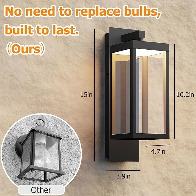 Outdoor Wall Sconce, Dusk to Dawn Outdoor Wall Lights, Waterproof Porch Lanterns Decorative, Anti-Rust Exterior Light in Wood Grain Finish & Black Finish for House Patio Garage Entryway Doorway