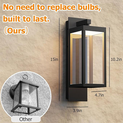 Outdoor Wall Sconce, Dusk to Dawn Outdoor Wall Lights, Waterproof Porch Lanterns Decorative, Anti-Rust Exterior Light in Wood Grain Finish & Black Finish for House Patio Garage Entryway Doorway