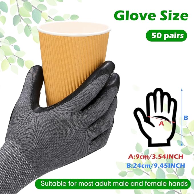Jexine 50 Pairs Gardening Work Gloves Bulk for Men Women Breathable Rubber Coated Garden Dipped Gripping Outdoor Working Gloves for Construction, Gray