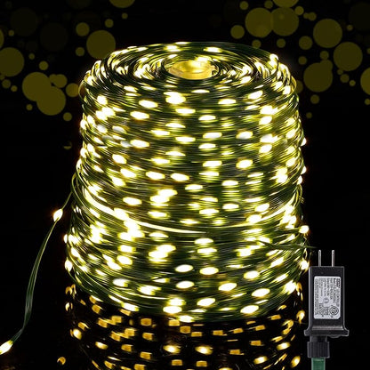 WATERGLIDE Extra Long 328 FT Fairy String Lights, 1000 LED Outdoor Green Wire Christmas Lights, Plug in Mini Light 8 Modes & Waterproof for Outside Xmas Tree Holiday Wedding Party Decor, Warm White
