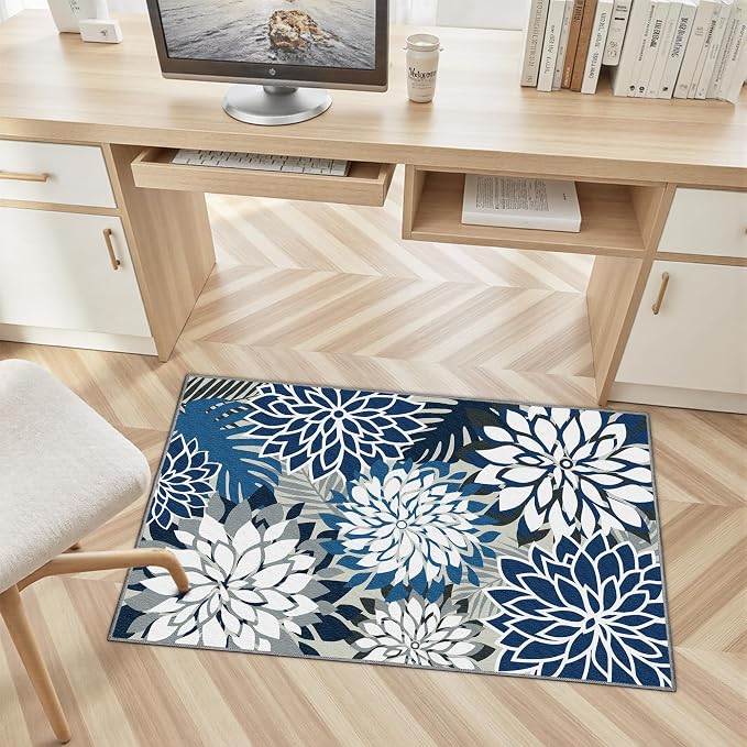 Arenarug 2x3 Washable Small Rug Tropical Botanical Modern Floral Indoor Chenille Door Mat Carpet Non Slip for Patio, Entry Way, Entrance, Porch, Blue