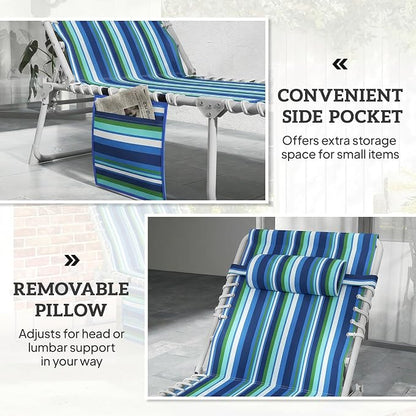 Outsunny Tanning Chair with Face Hole, Side Table, 5-Position Reclining Folding Chaise Lounge Chair Outdoor Lounger Recliner, Carry Straps for Beach Pool Camp, Oxford Fabric, Blue Stripe