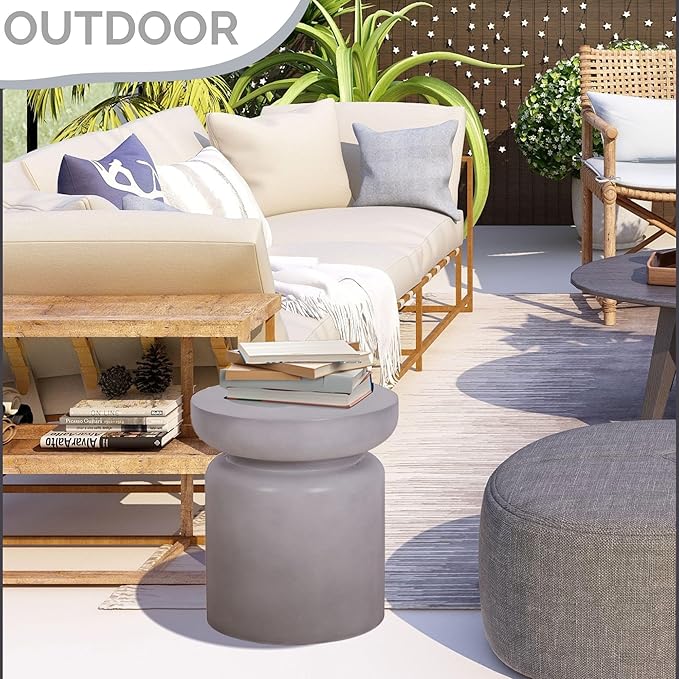 Afterglow Terrafab Concrete Look Side Table End Table Natural Decorative Garden Stools for Living Room Bedroom Patio Home Decor, Size: Ф14.6”* 17”H, Grey