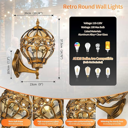 Globe Outdoor Wall Lights Fixtures, Anti Rust Gold Sphere Porch Wall Light,Aluminum Waterproof Outside spherical hardwired Lights for House Patio Porch Backyard Garage Front Door No Sensor,Large