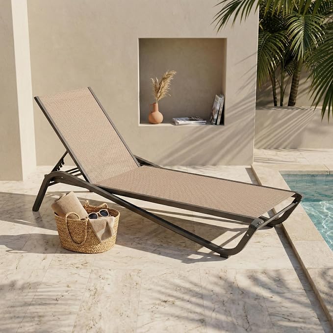 Adjustable Patio Chaise Lounge Chair, Outdoor Pool Lounger for Sunbathing & Tanning, All-Weather Textilene Sun Bed for Beach, Porch & Deck, Rust-Proof Aluminum Frame, Beige