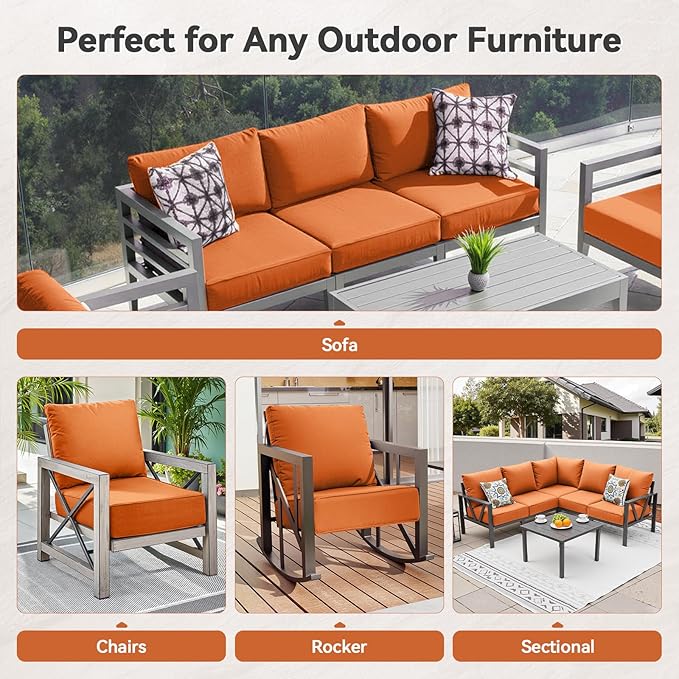 Luxury 6" Outdoor Cushions for Patio Furniture, 24x24x6" Thick Seat Cushion Set of 8, Fade Resistant Couch Chair Replacement Cushions High Density Deep Wicker Chair Cushion w/ Removable Cover, Orange