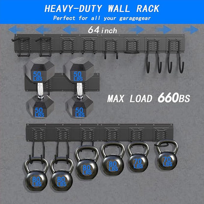 CBWLWJ Garage Tool Organizer Wall Mount, 64 inch Garage Wall Organizer, 660lbs Sturdy Garden Tool Organizer with 8 Adjustable Hooks, for Yard, Shed, Basement, Workshop(Black)