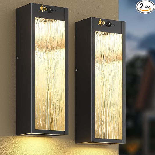 Motion Sensor LED Outdoor Wall Light Fixtures 2 Pack, Modern Dusk to Dawn Sensor Porch Outdoor Lighting, Black 15 Inch Water Ripple Exterior Wall Sconce, LED Outside Lantern for Garage Front Door