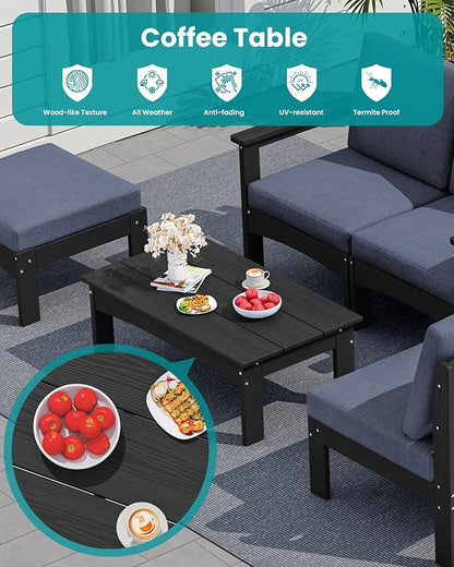 SERWALL 9 Pieces Patio Sofas, All-Weather HDPE Outdoor Sectional Sofa with Cushions and Coffee Table, Extra-Large Modular Conversation Set for Patio, Garden, Deck, Grey Frame with Grey Cushion