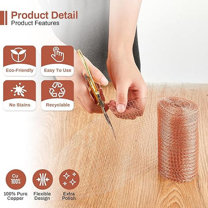 Gisafai 5" x 32 ft Copper Mesh Rodent Control Copper Wool for Slugs Rustproof DIY Hole Filler Pure Wire Mesh for Bat Snail Bird Pest Rodent Control Gap Blocker Fill Fabric Hole Gardening(2 Roll)
