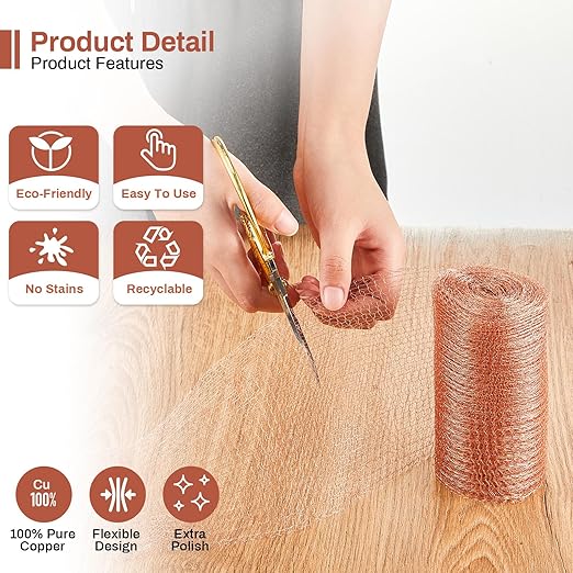 Gisafai 5" x 200 ft Copper Mesh Rodent Control Copper Wool for Slugs Rustproof DIY Hole Filler Pure Wire Mesh for Bat Snail Bird Pest Rodent Control Gap Blocker Fill Fabric Hole Gardening (2 Roll)