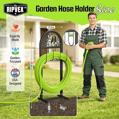 2 Pack Garden Hose Holder, Water Hose Stand with 4 Stake, Heavy Duty Metal Hose Hanger Holds 150Ft, Freestanding Hose Storage Rack for Outside,Yard & Lawn Garden