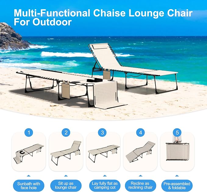 Outdoor Chaise Lounge Chair with Face Hole and Arm Hole, Tanning Chair with 5 Position Adjustable Back, Foldable Lounge Chair with Detachable Pocket and Pillow for Beach, Pool, Cream White