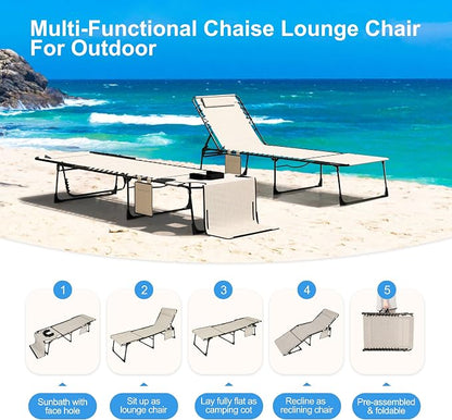Outdoor Chaise Lounge Chair with Face Hole and Arm Hole, Tanning Chair with 5 Position Adjustable Back, Foldable Lounge Chair with Detachable Pocket and Pillow for Beach, Pool, Cream White