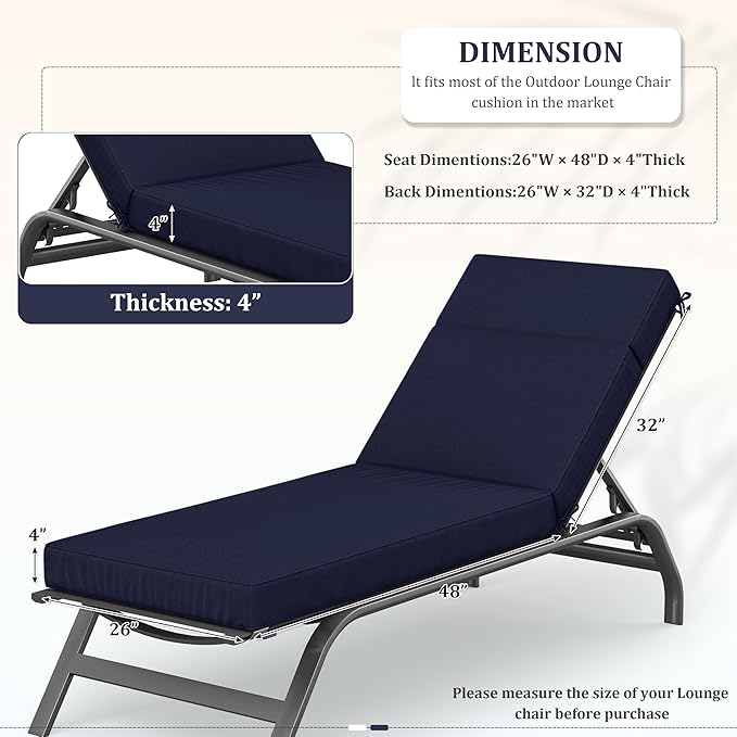 Chaise Lounge Cushions Outdoor, 80" L X 26" W X 4" D Lounge Chair Cushions for Outdoor Furniture, High-Density Foam Outdoor Chaise Cushion-Waterproof Fade-Resistant ThickPatio lounge chair cushion