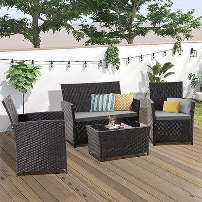 FHFO 4 Piece Outdoor Patio Furniture Sets, Outside Furniture Outdoor Sectional Wicker Conversation Sofa Set, Rattan Couch Set for Balcony Porch Backyard (Black-Grey)