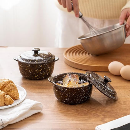 10 Oz Ceramic Mini Cocotte Set 4-Pack, Oven Safe Stoneware Casserole Dishes with Lids Handles, Individual Ramekins for Baking Soufflé Soup Cobbler,Brown