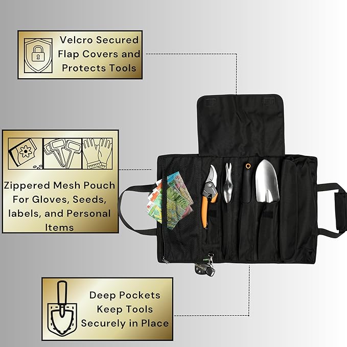 Garden Tool Bag, Roll-Up Garden Tool Holder with Deep Pockets | 900D Polyester Heavy Duty Gardening Tote | Compact Washable Organizer for Tools, Seeds, and Essentials (Tools Not Included)